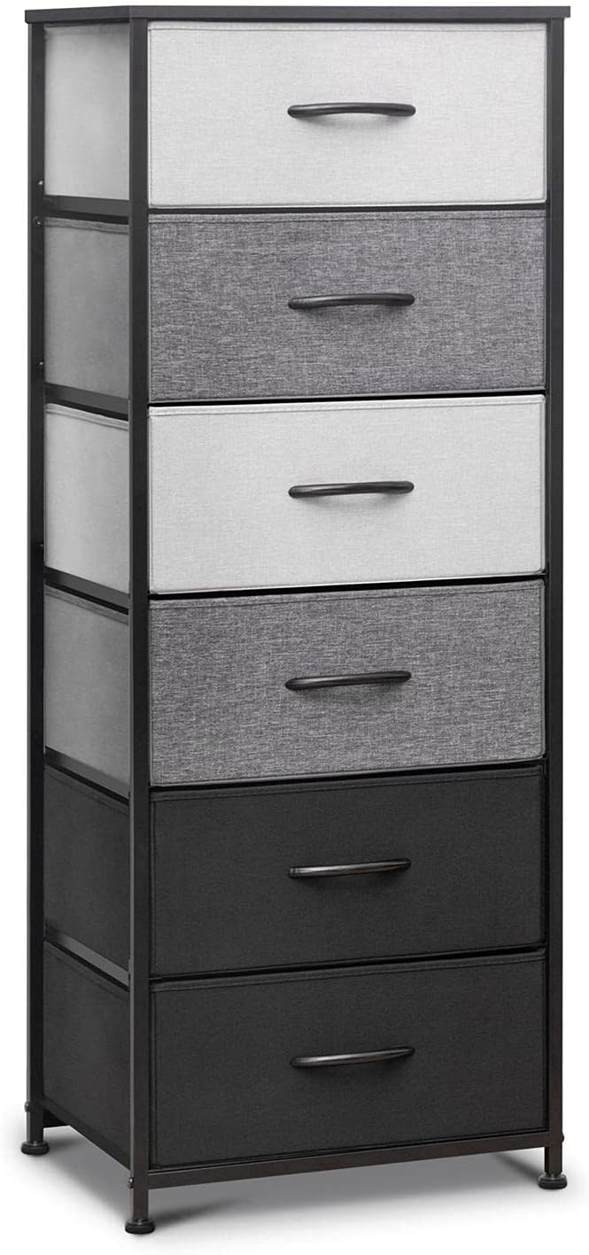 Gray Fabric 6 Drawers Vertical Storage Tower with Metal Frame and Wooden Top W3840