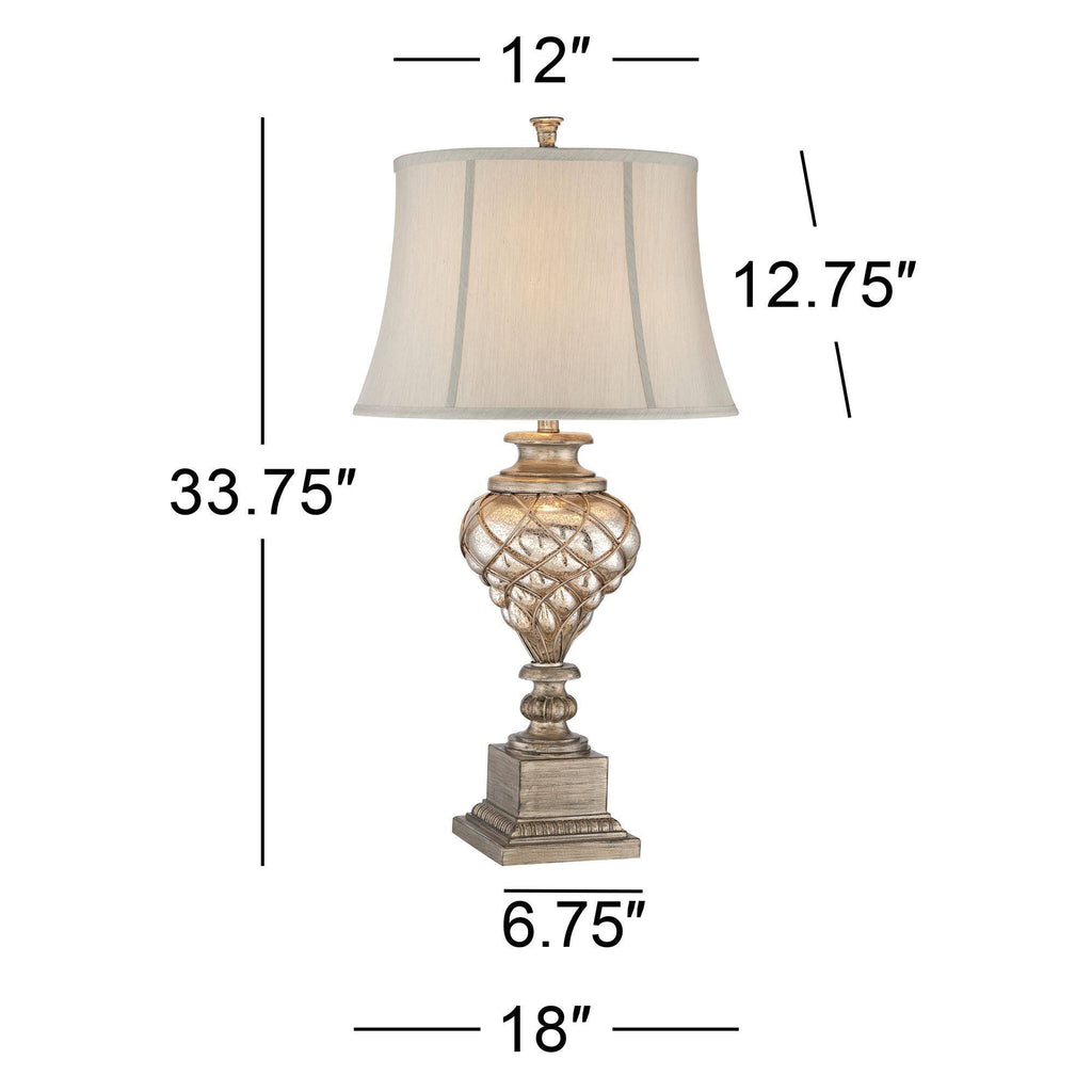 Traditional Table Lamp with Nightlight LED Mercury Glass Off White Fabric Bell Shade A59706
