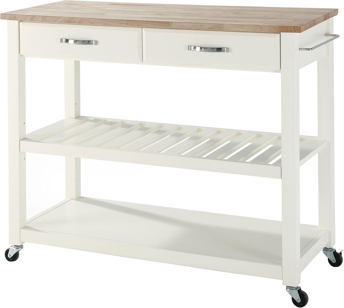 White Full Size Kitchen Prep Cart with Natural Wood Top P2665