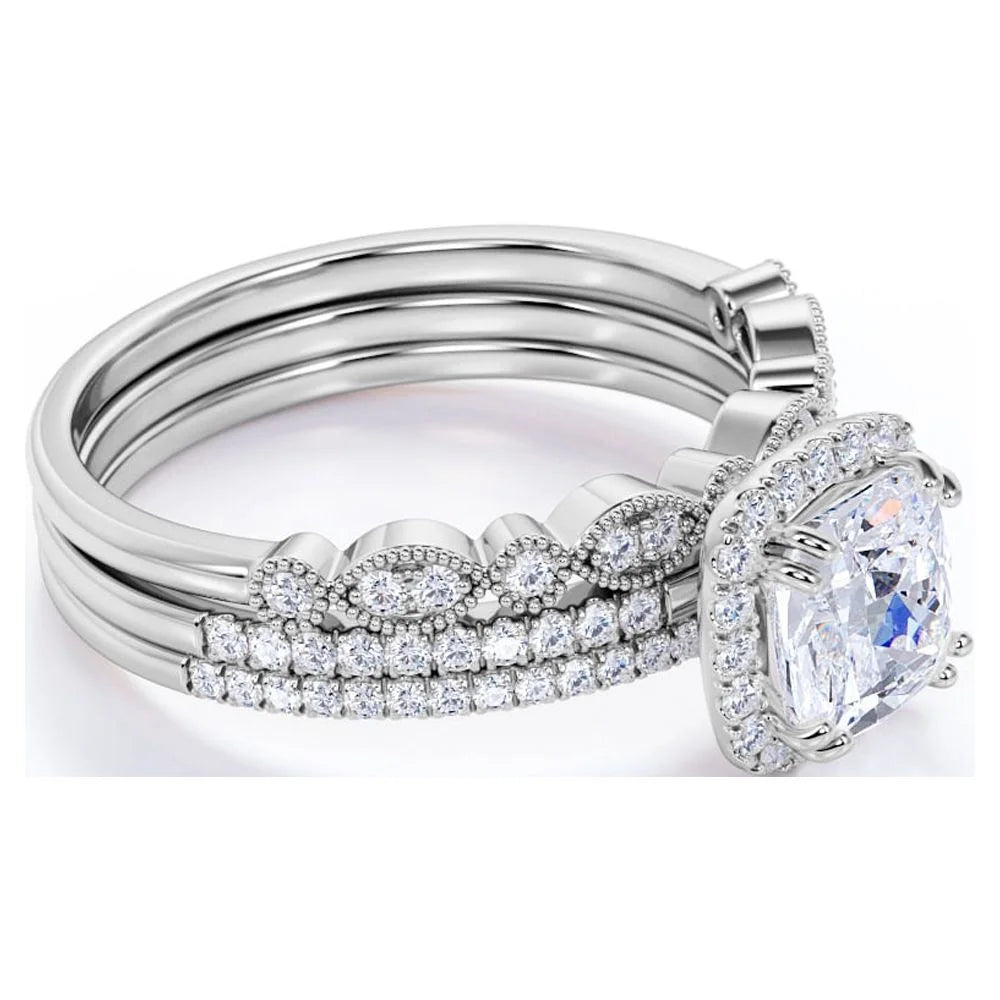 1.75 Carat Moissanite Wedding Trio Ring Set with Engagement Ring and 2 Wedding Bands in 18k Gold Over Silver V654780