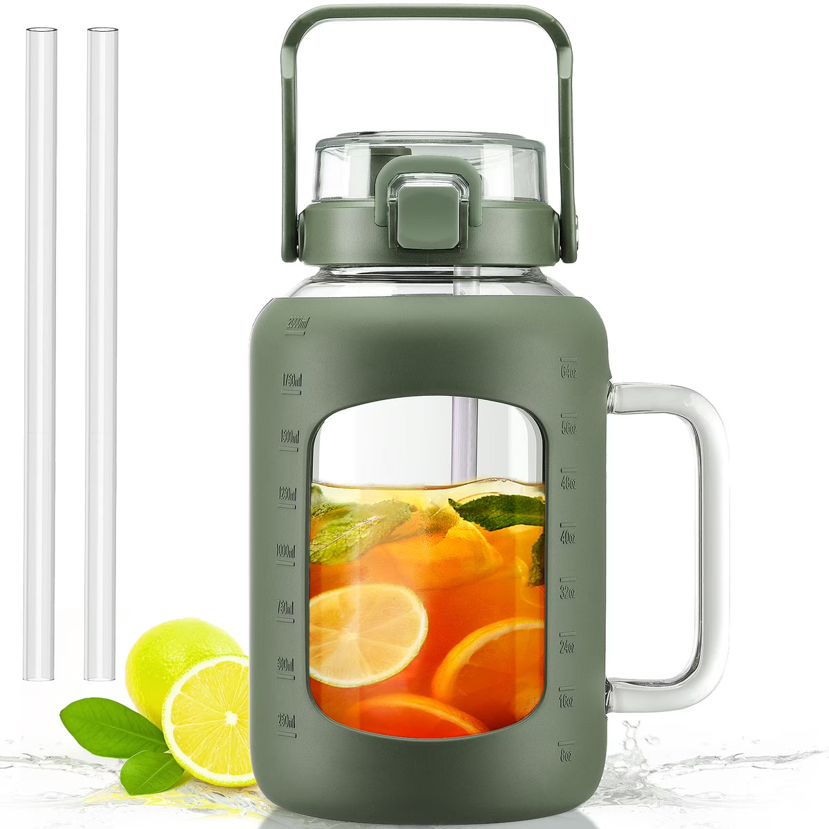 64oz Glass Water Bottle with Straw and Handle N358701