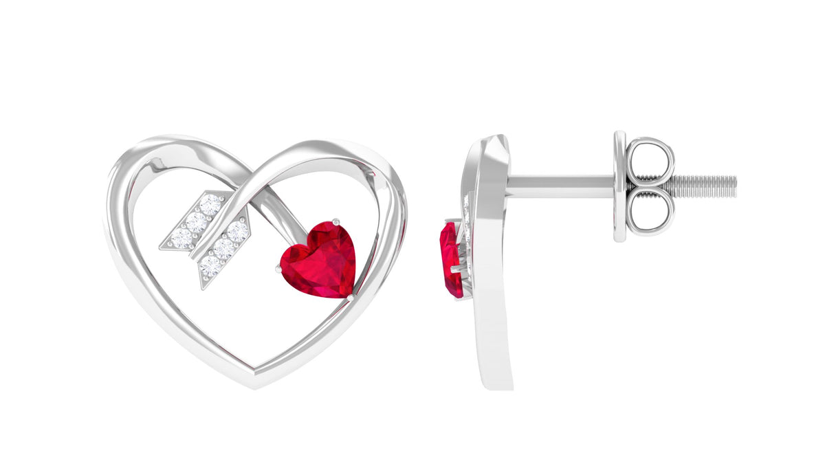 Heart Arrow Stud Earrings with 3/4 CT Created Ruby and Diamonds, 925 Sterling Silver G332221