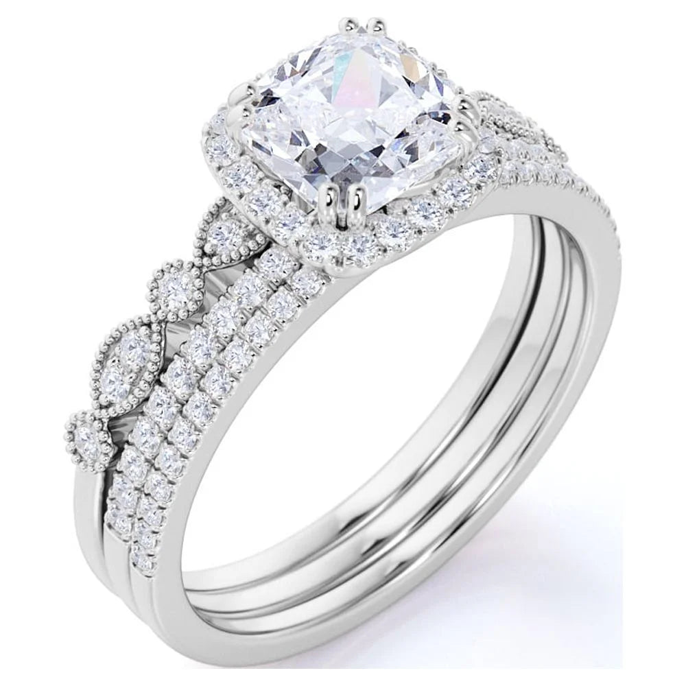 1.75 Carat Moissanite Wedding Trio Ring Set with Engagement Ring and 2 Wedding Bands in 18k Gold Over Silver V654780