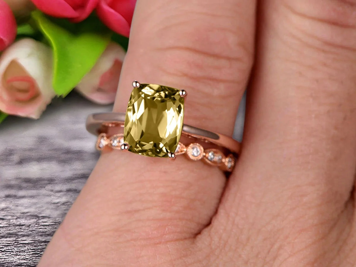 10K Rose Gold Cushion Cut Champagne Diamond Moissanite Solitaire Engagement Ring With Matching Band D59614