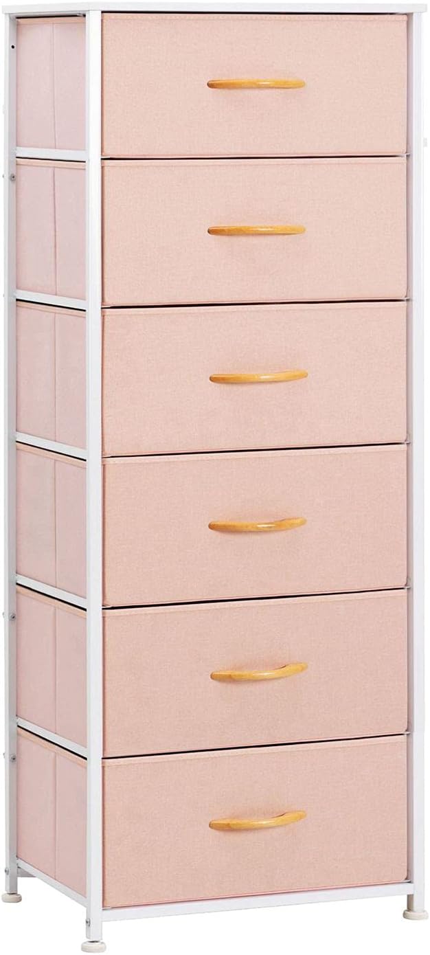 Gray Fabric 6 Drawers Vertical Storage Tower with Metal Frame and Wooden Top W3840