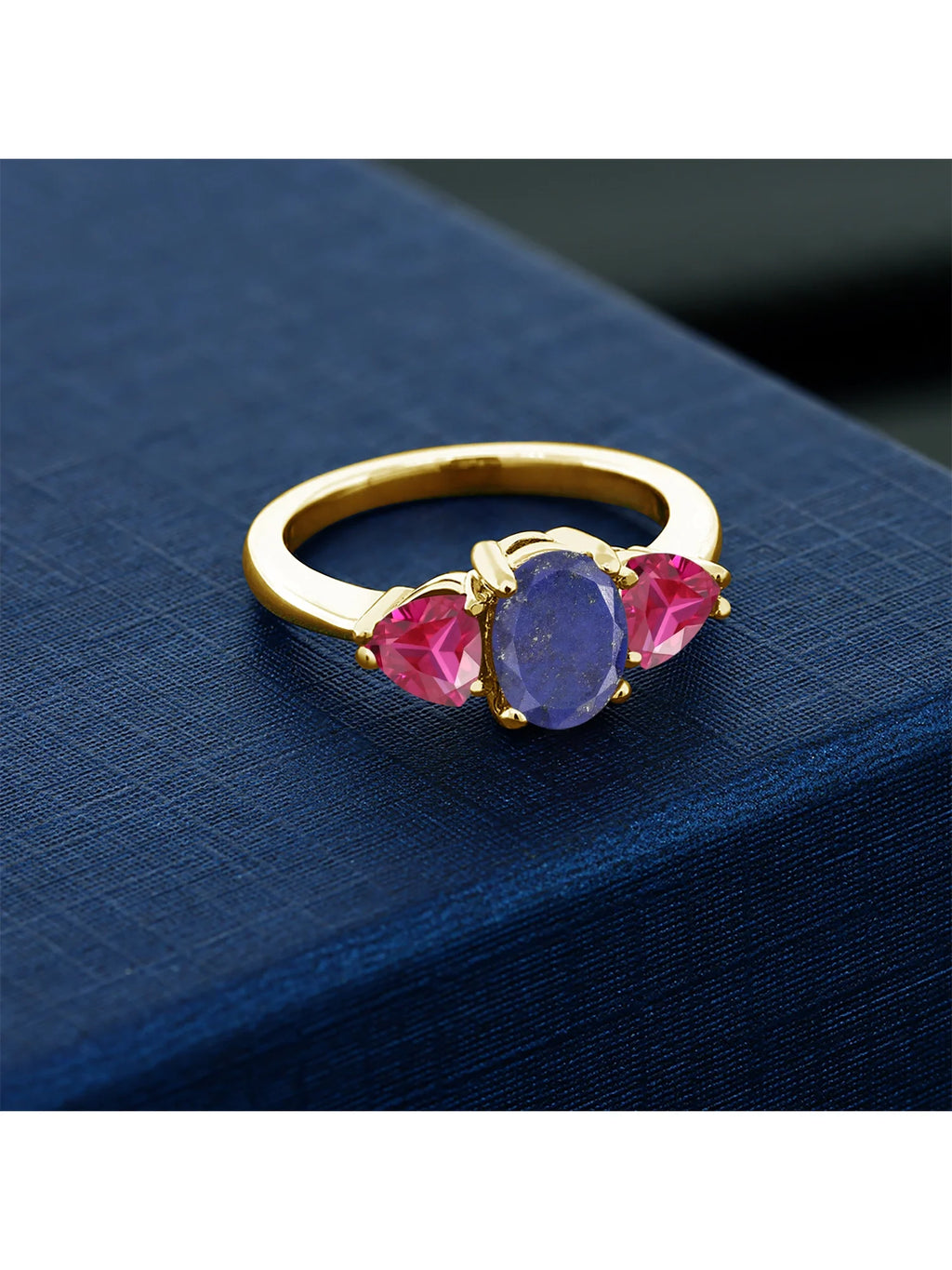 Oval Blue Lapis Red Created Ruby 18K Yellow Gold Plated Silver Ring J5380
