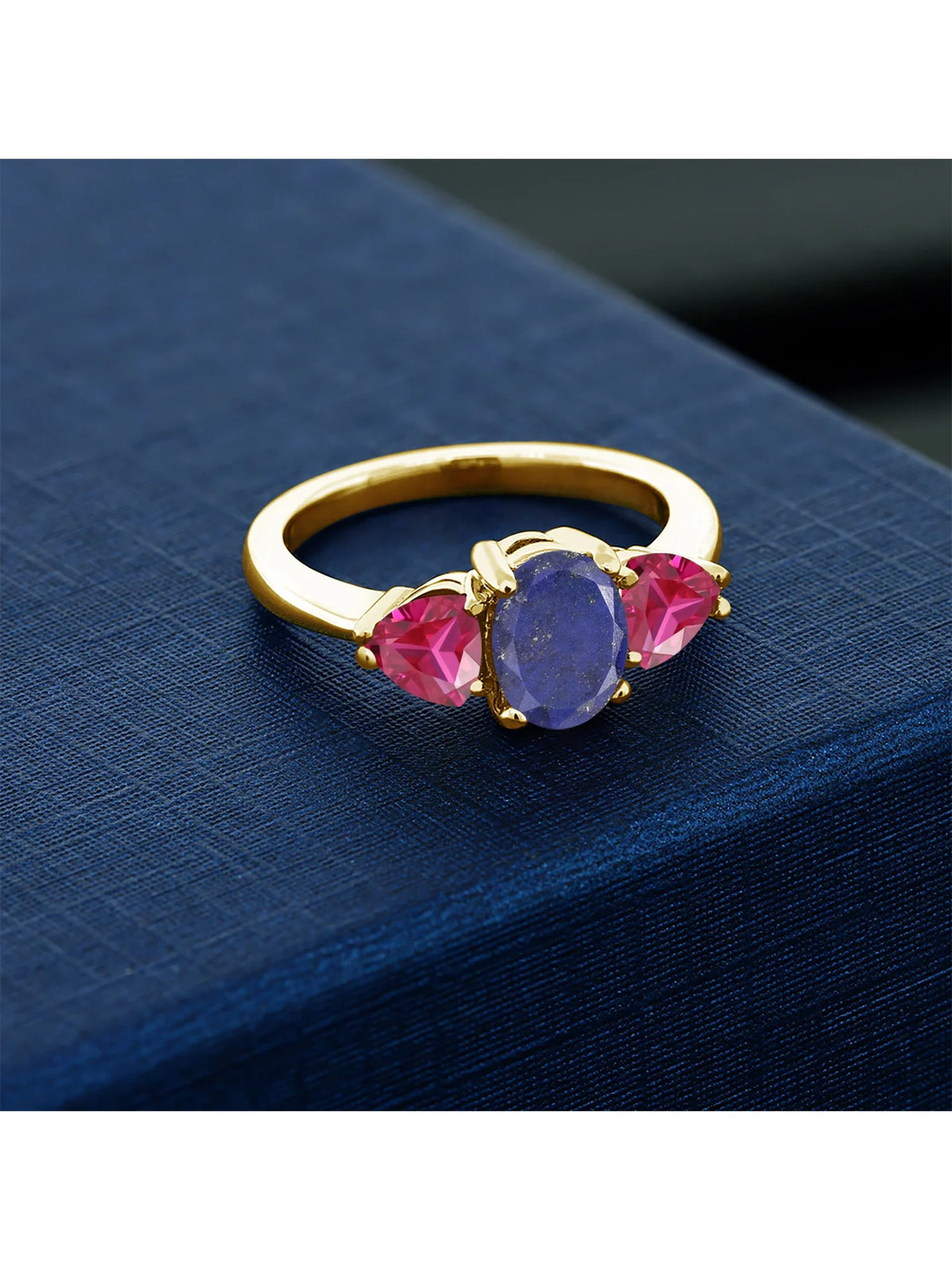 Oval Blue Lapis Red Created Ruby 18K Yellow Gold Plated Silver Ring J5380
