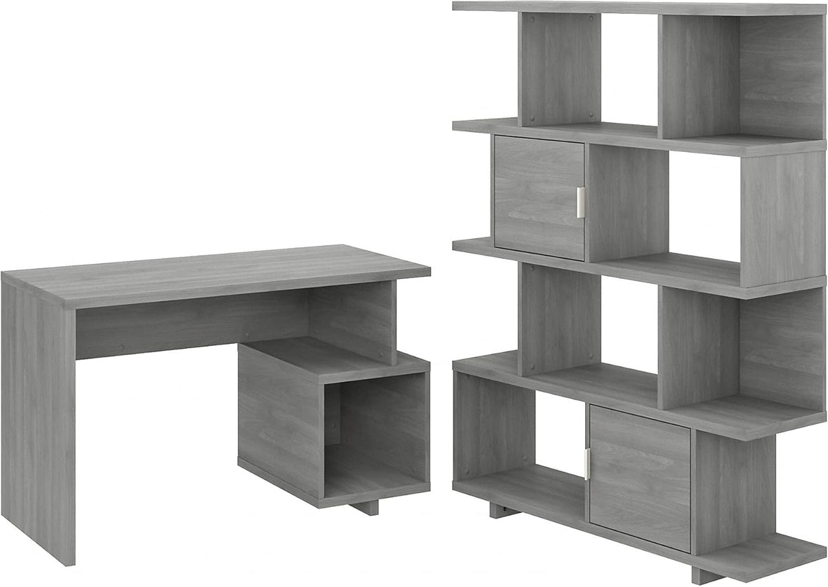 Modern Gray Writing Desk with Etagere Bookcase D95772