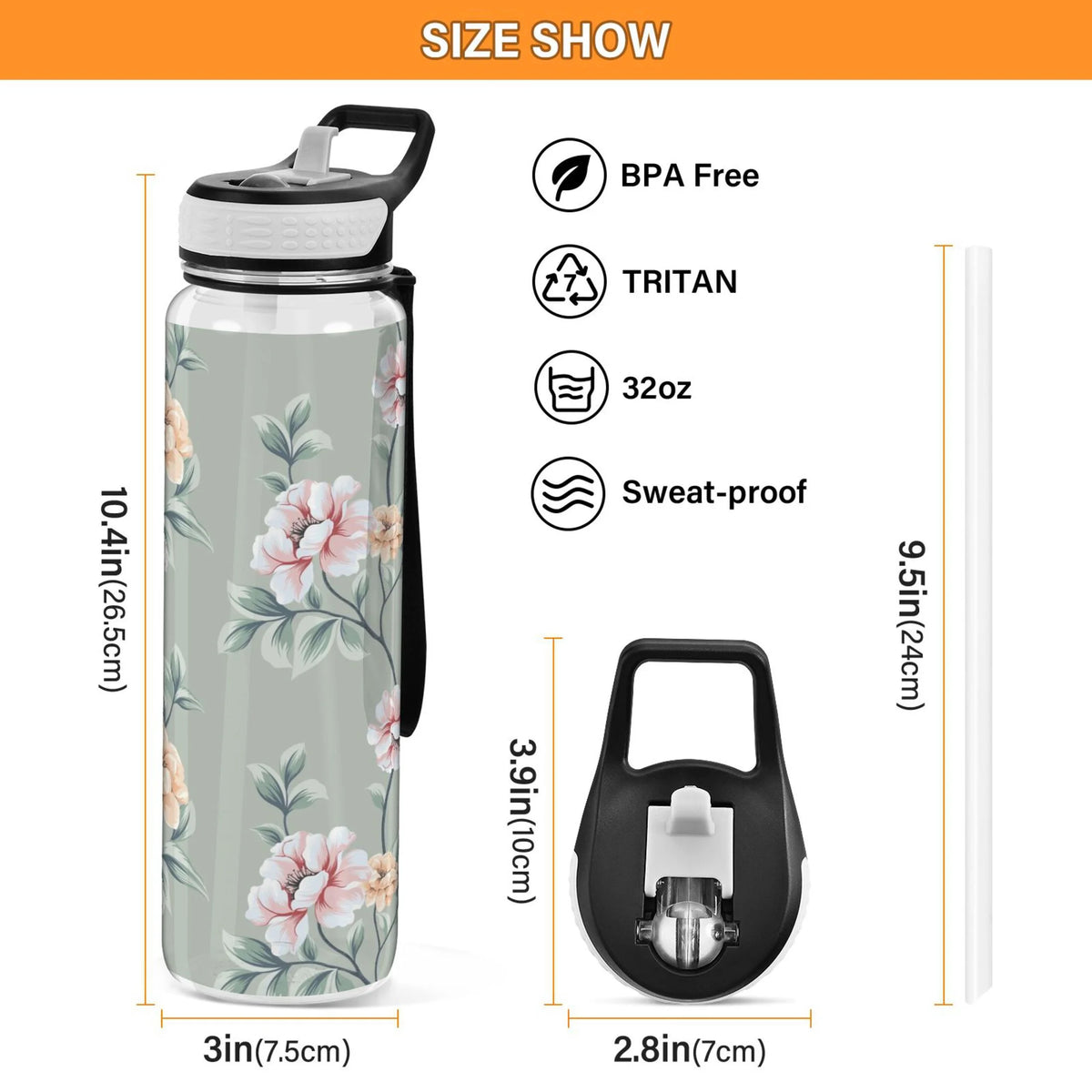 Pink Flowers Green Leaves 32oz Tritan Leakproof Sports Bottle S854310