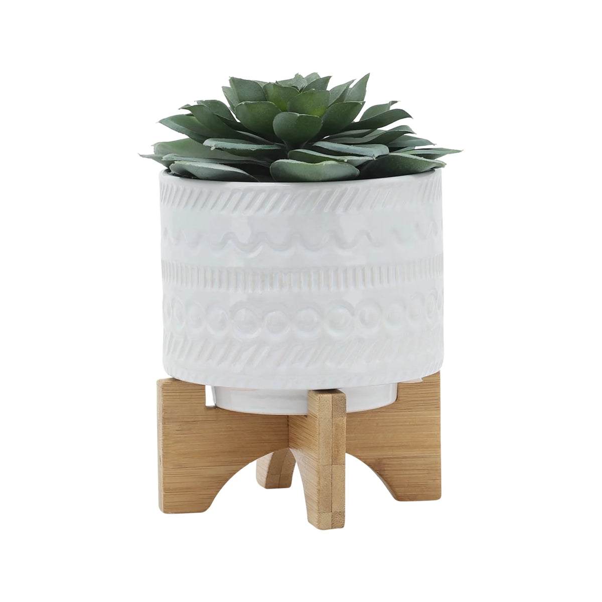White Ceramic Round Planter with Wood Stand M43633