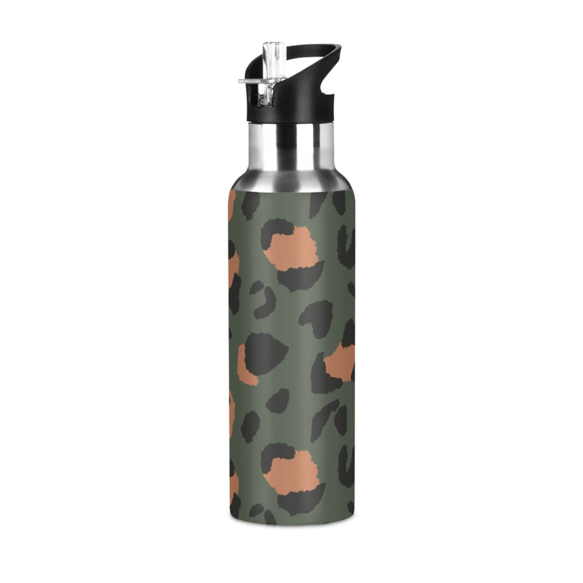 Green-brown Leopard Print 20 OZ Stainless Steel Vacuum Insulated Water Bottle with Straw Lid E684322