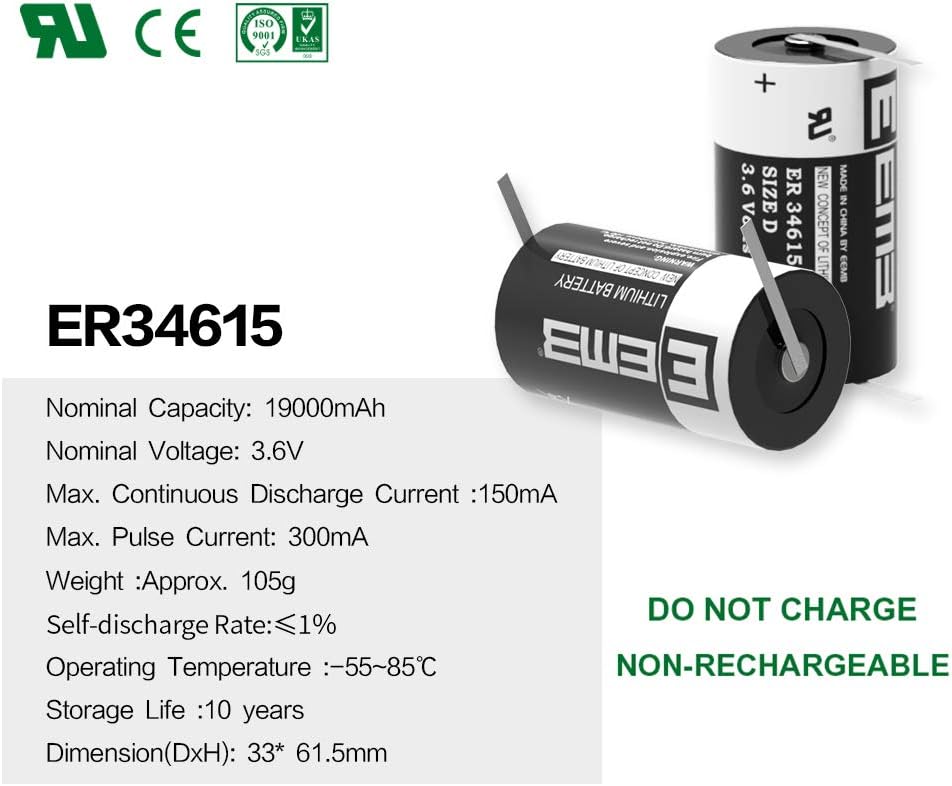 8X 3.6V Lithium Battery with Tabs D Size 19000 mAh J75744