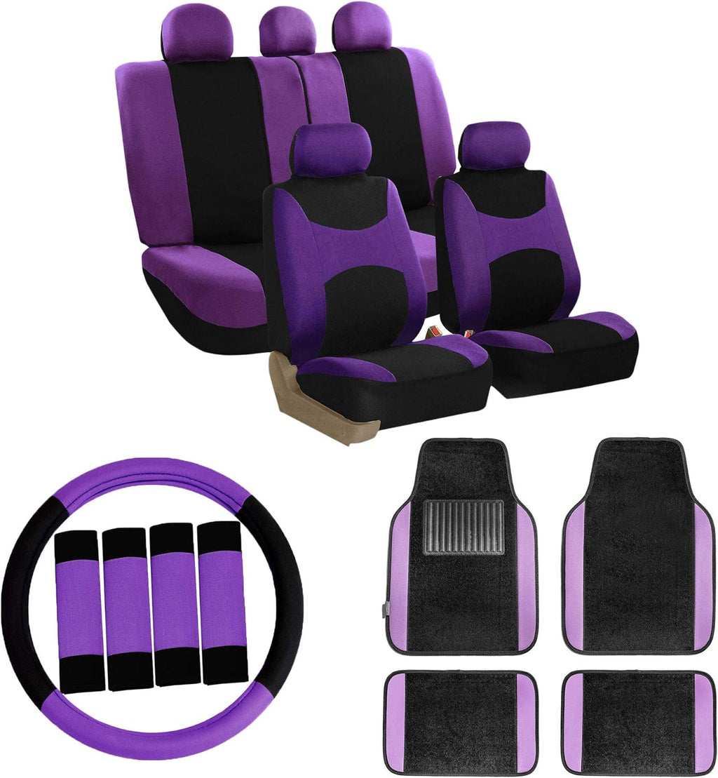 Orange Car Seat Covers Full Set with Carpet Floor Mats Steering Wheel Cover and Seat Belt Pads L354820