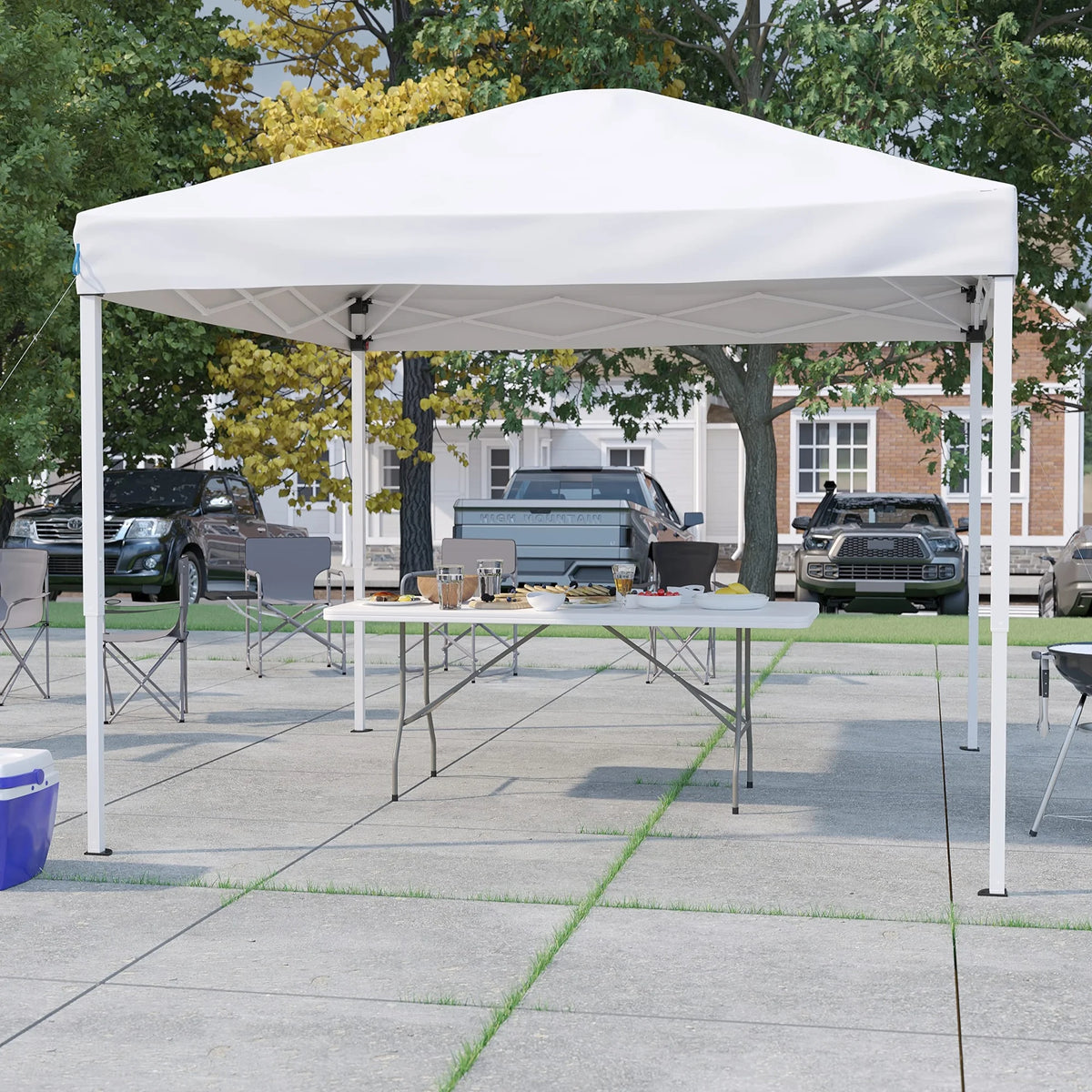 10'x10' White Pop Up Canopy Tent with Carry Bag and 6-Foot Bi-Fold Folding Table with Carrying Handle Z55858