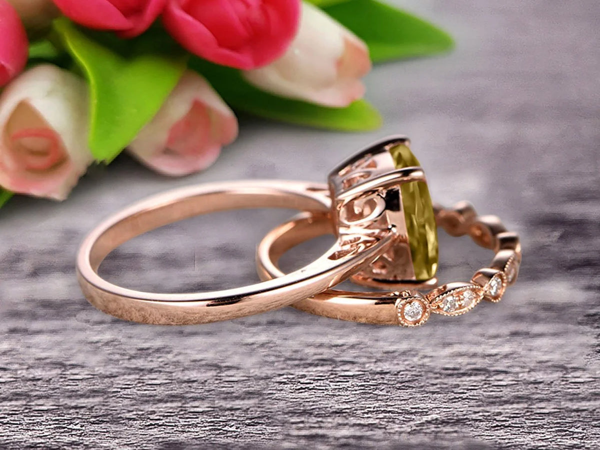 10K Rose Gold Cushion Cut Champagne Diamond Moissanite Solitaire Engagement Ring With Matching Band D59614