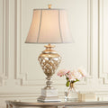 Traditional Table Lamp with Nightlight LED Mercury Glass Off White Fabric Bell Shade A59706