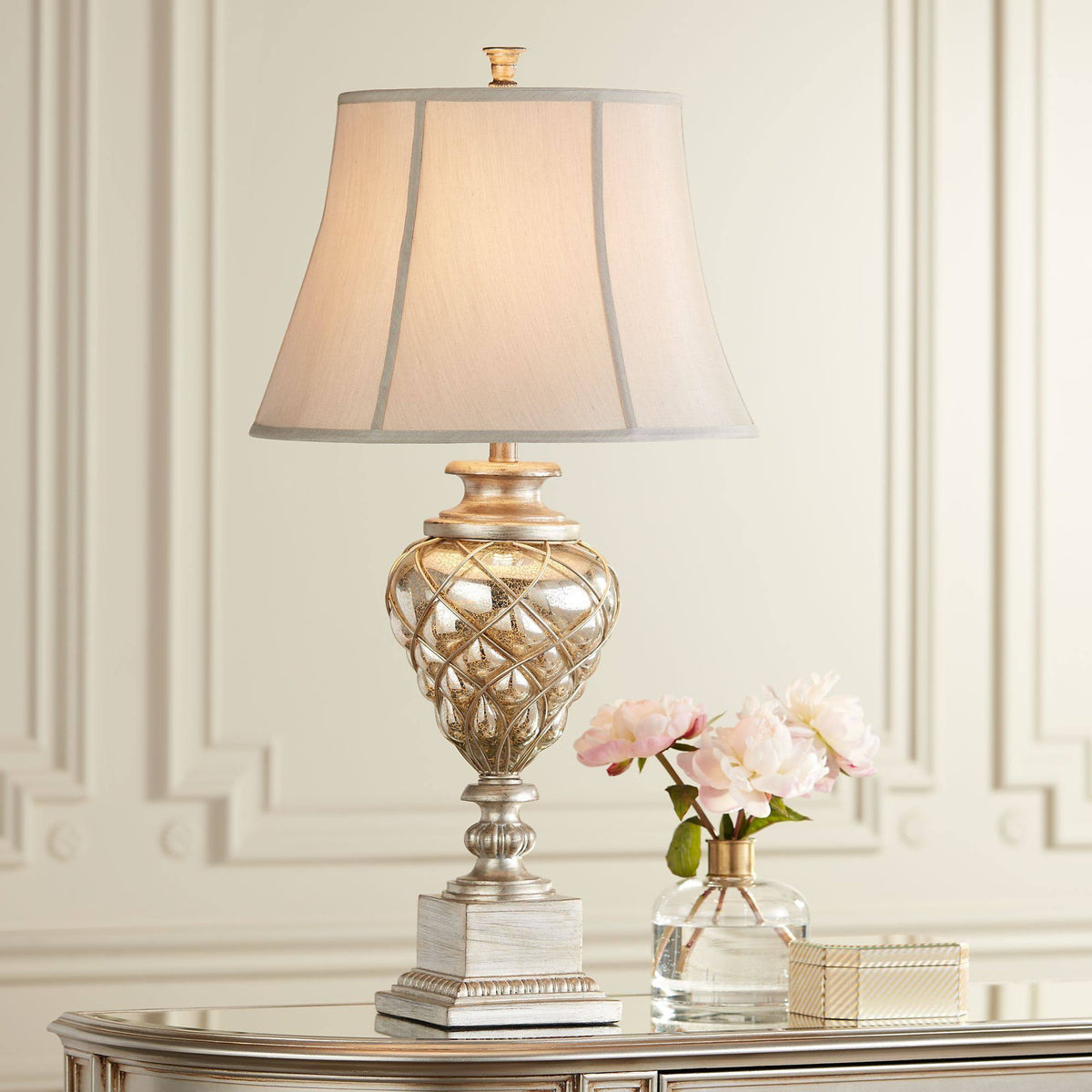 Traditional Table Lamp with Nightlight LED Mercury Glass Off White Fabric Bell Shade A59706