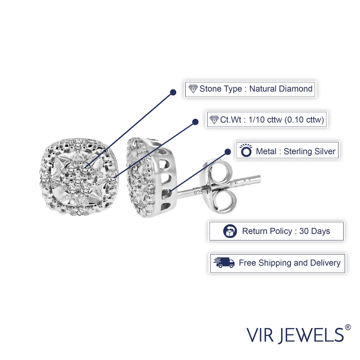 1/10 CTTW Diamond Earrings in .925 Sterling Silver Cushion Shape O61520