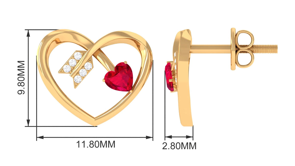 Heart Arrow Stud Earrings with 3/4 CT Created Ruby and Diamonds, 925 Sterling Silver G332221
