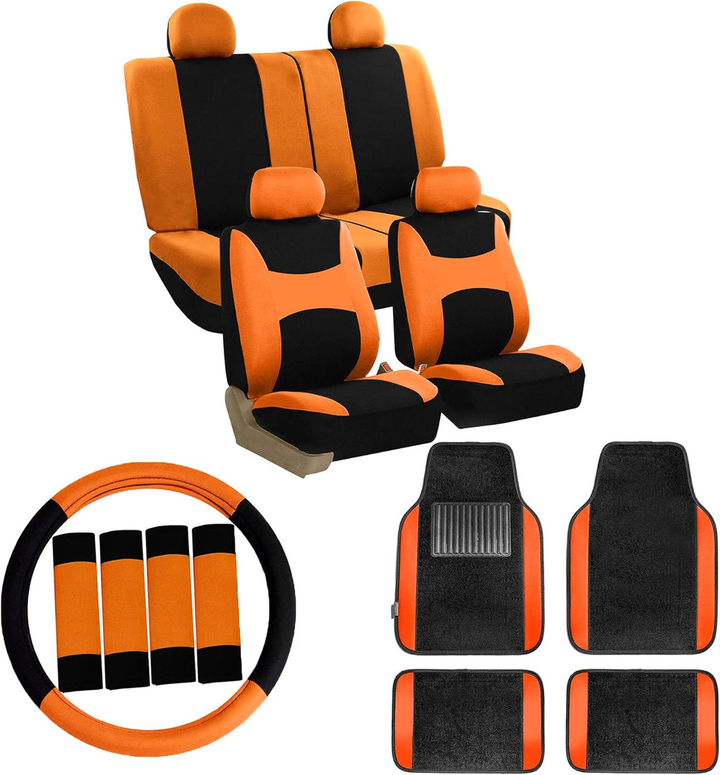Orange Car Seat Covers Full Set with Carpet Floor Mats Steering Wheel Cover and Seat Belt Pads L354820