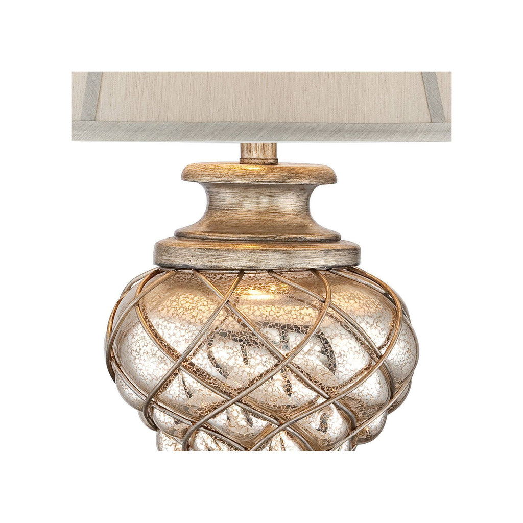 Traditional Table Lamp with Nightlight LED Mercury Glass Off White Fabric Bell Shade A59706