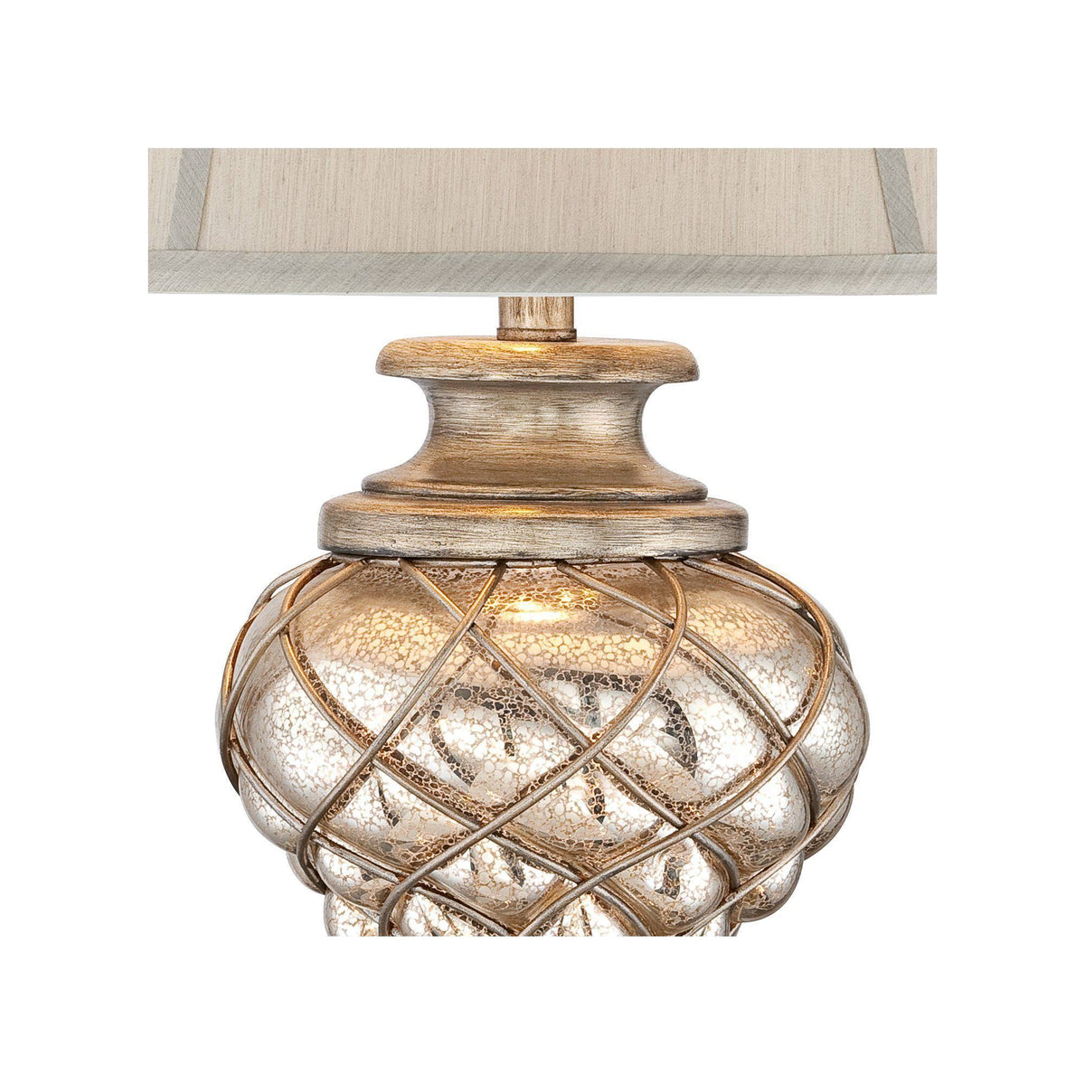 Traditional Table Lamp with Nightlight LED Mercury Glass Off White Fabric Bell Shade A59706