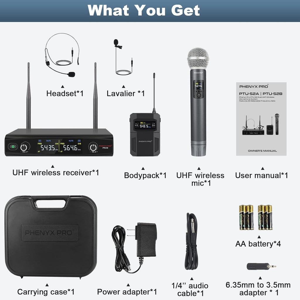 UHF Wireless Microphone System, 30 Adjustable Frequencies, Cordless Handheld/Bodypack/Headset/Lapel Mic Set with Case, 200ft Coverage M5728
