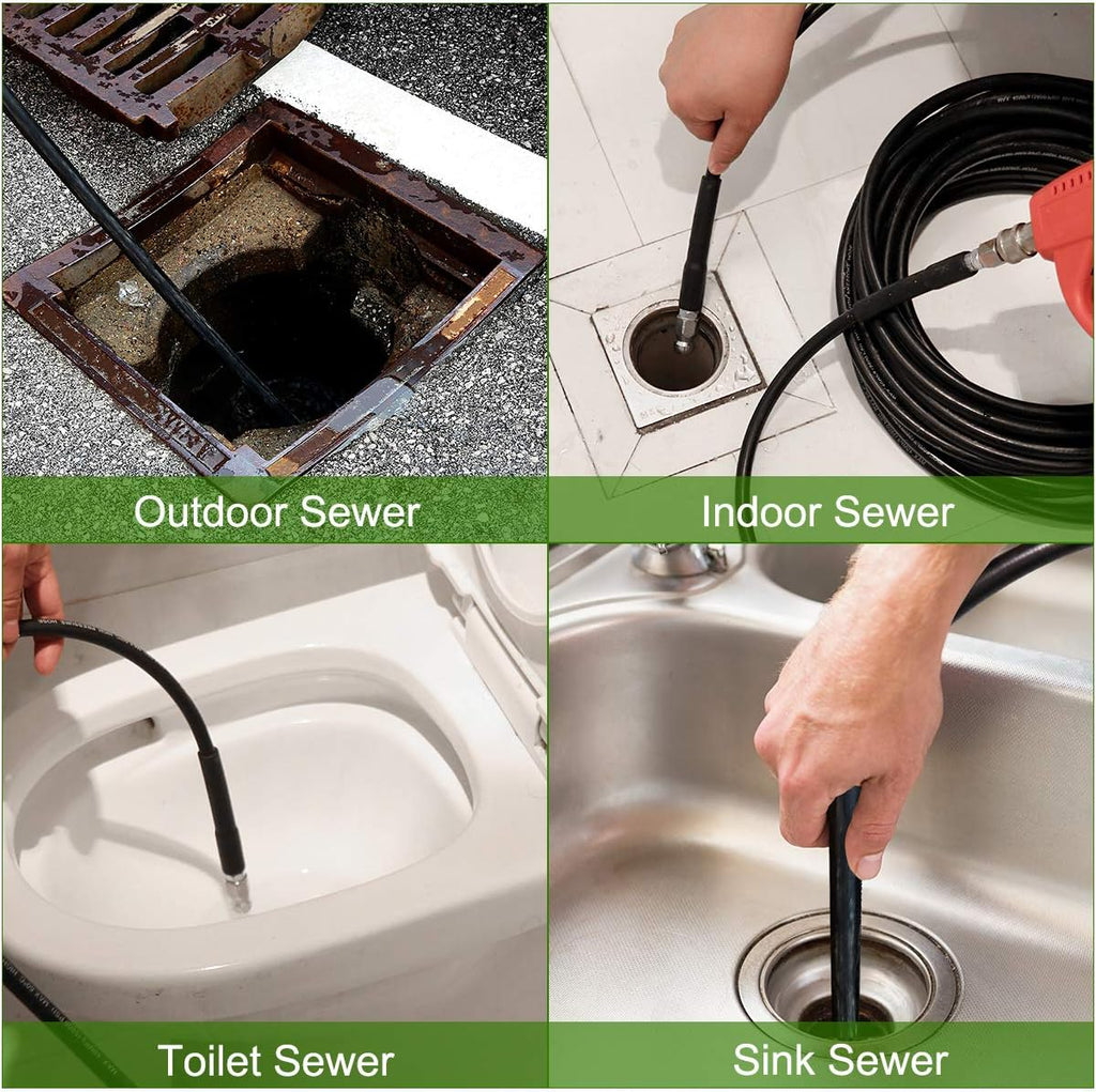 Sewer Jetter Kit 50FT, 5800PSI Drain Cleaner Hose 1/4 Inch NPT, Sewer Jetting Nozzle with Spanner Waterproof Tape O330