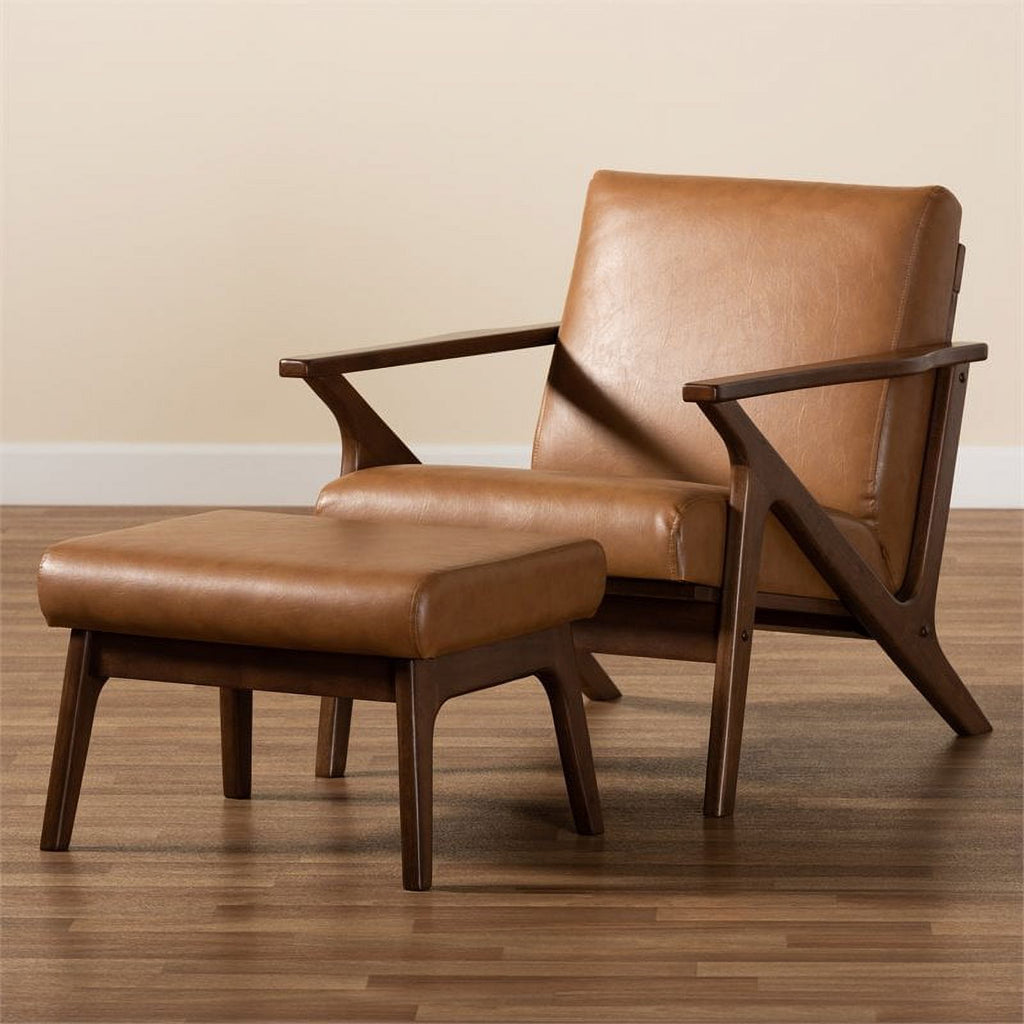 Brown Finished Wood 2-Piece Lounge Chair and Ottoman Set J4022