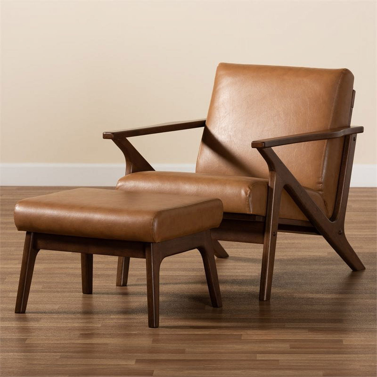 Brown Finished Wood 2-Piece Lounge Chair and Ottoman Set J4022