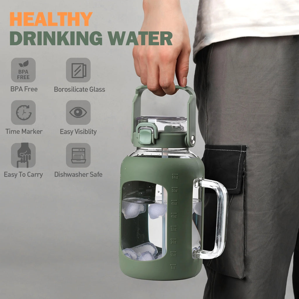 64oz Glass Water Bottle with Straw and Handle N358701