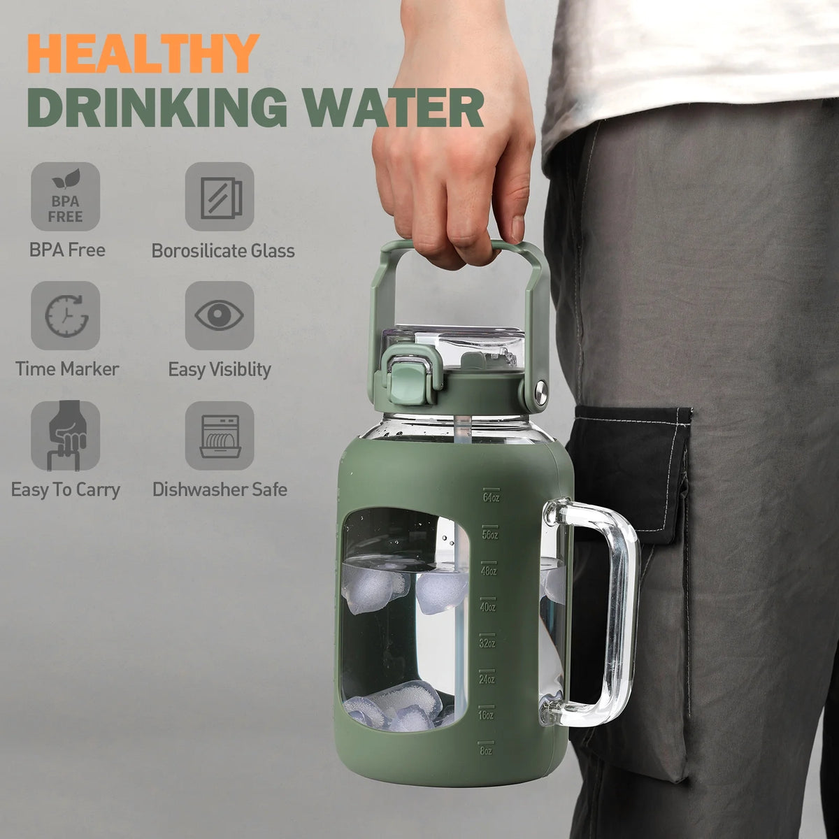 64oz Glass Water Bottle with Straw and Handle N358701