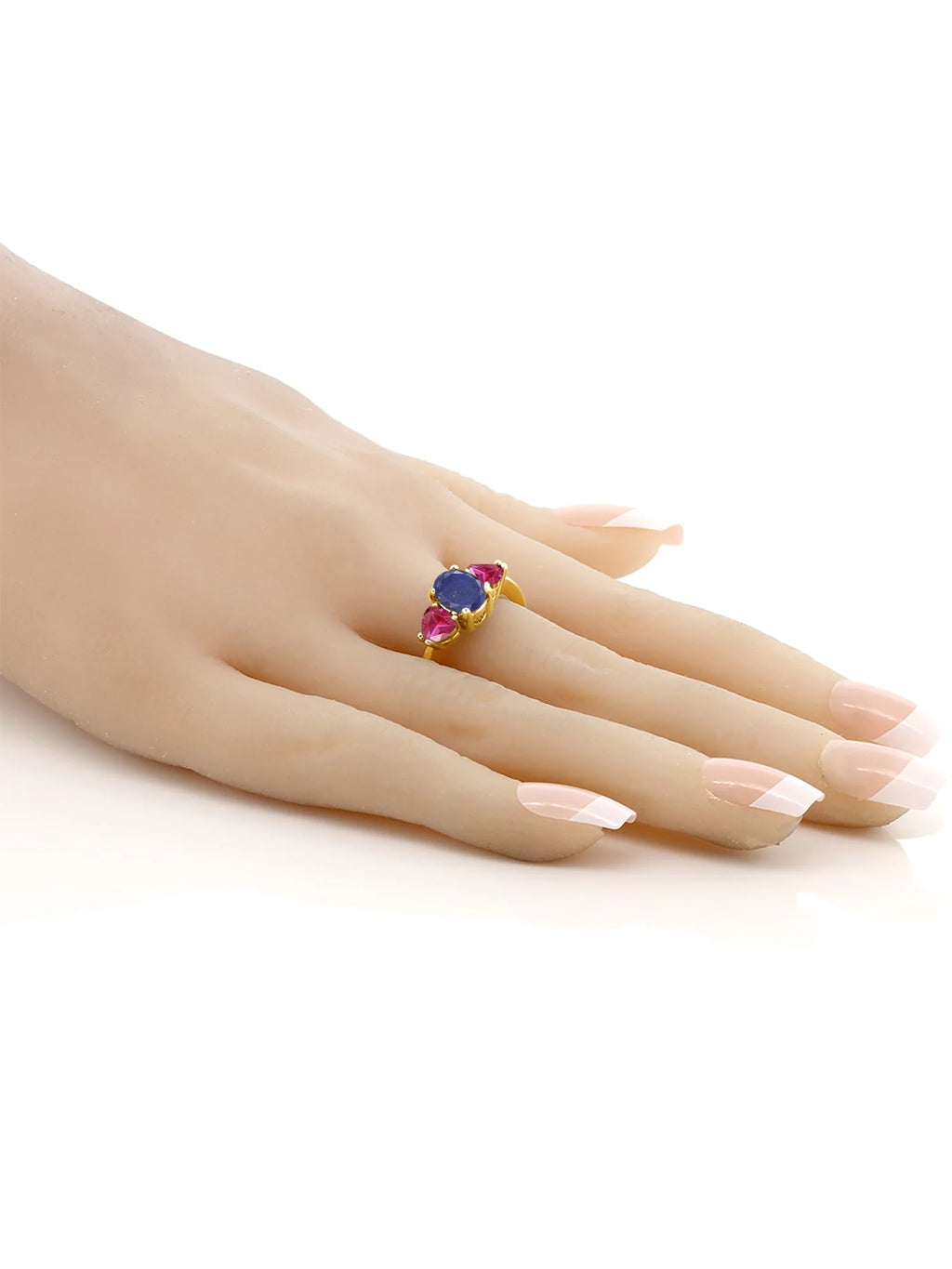 Oval Blue Lapis Red Created Ruby 18K Yellow Gold Plated Silver Ring J5380