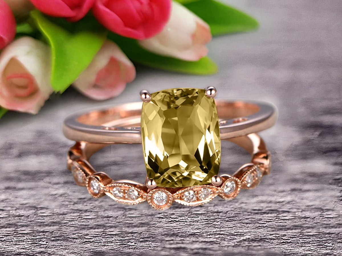 10K Rose Gold Cushion Cut Champagne Diamond Moissanite Solitaire Engagement Ring With Matching Band D59614