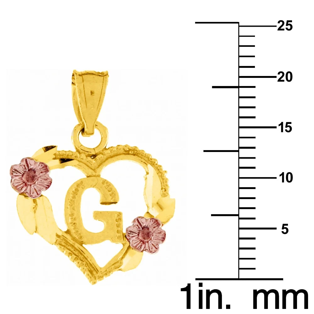 14K Two-Tone Gold Flower and Heart-Shaped Initial Pendant with 16" Chain Necklace J344