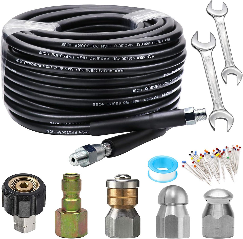Sewer Jetter Kit 50FT, 5800PSI Drain Cleaner Hose 1/4 Inch NPT, Sewer Jetting Nozzle with Spanner Waterproof Tape O330