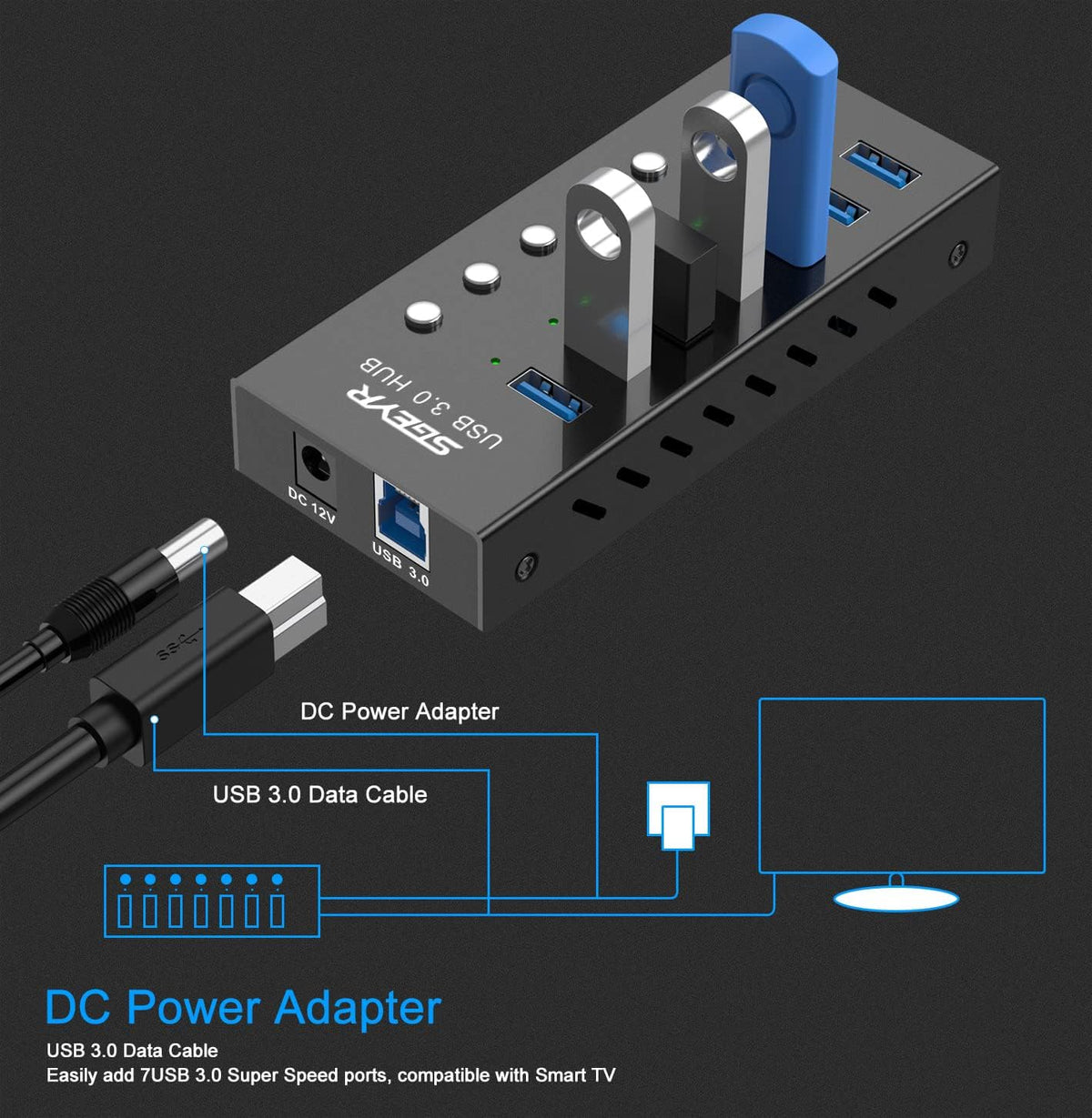 Aluminum USB 3.0 Data Hub Splitter 7 Ports with Power Adapter, Pack of 2 I864
