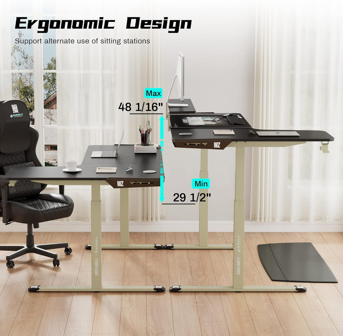 61 inches Height Adjustable Electric L-Shaped Standing Desk with USB Charged Monitor Stand Headphone Hook Mouse Pad Y3992