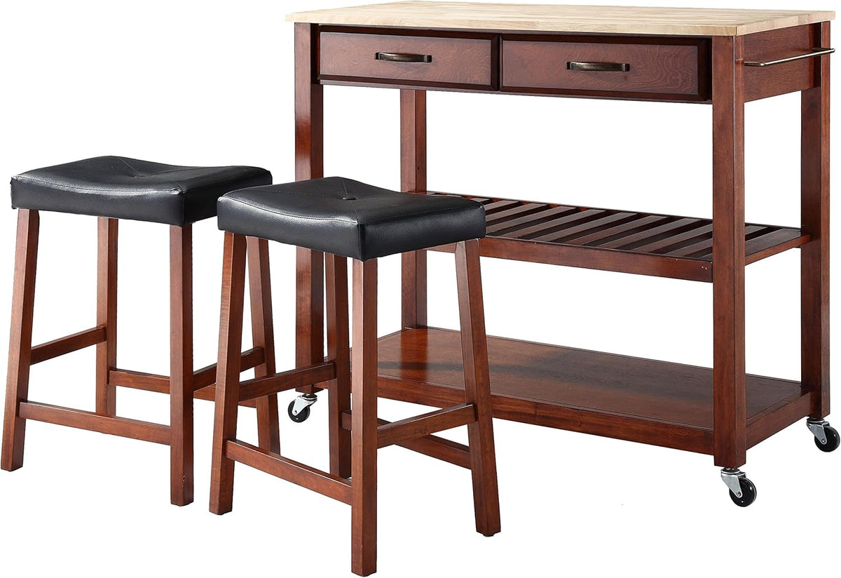 White Full Size Kitchen Prep Cart with Natural Wood Top P2665