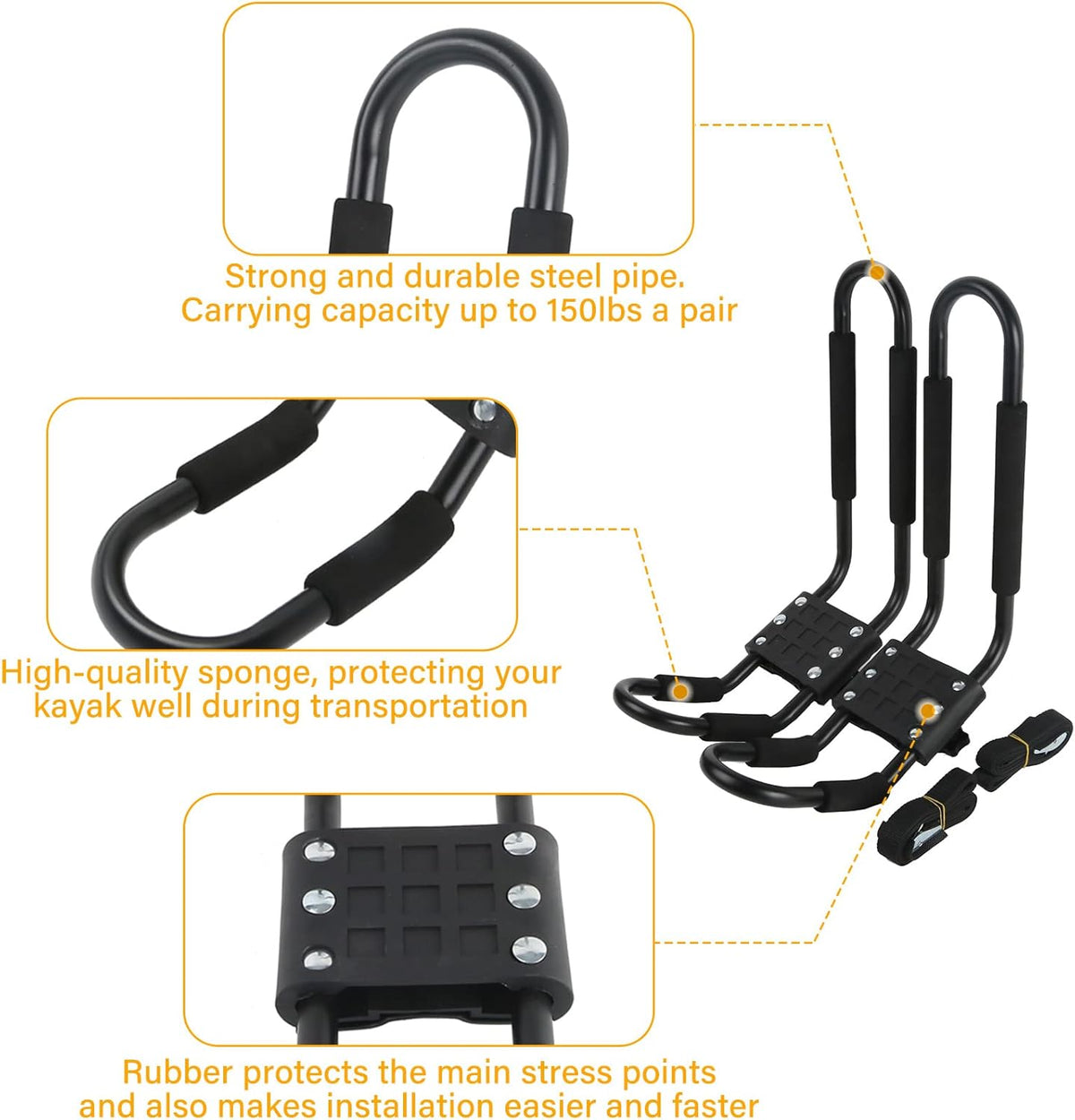 Kayak Roof Rack J-Bar Carrier Holder, Set of 4 Pack of 2 J517