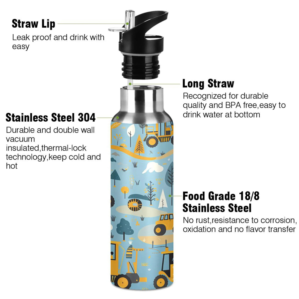 Blue Stainless Steel Insulated Water Bottle with Straw Lid J86048