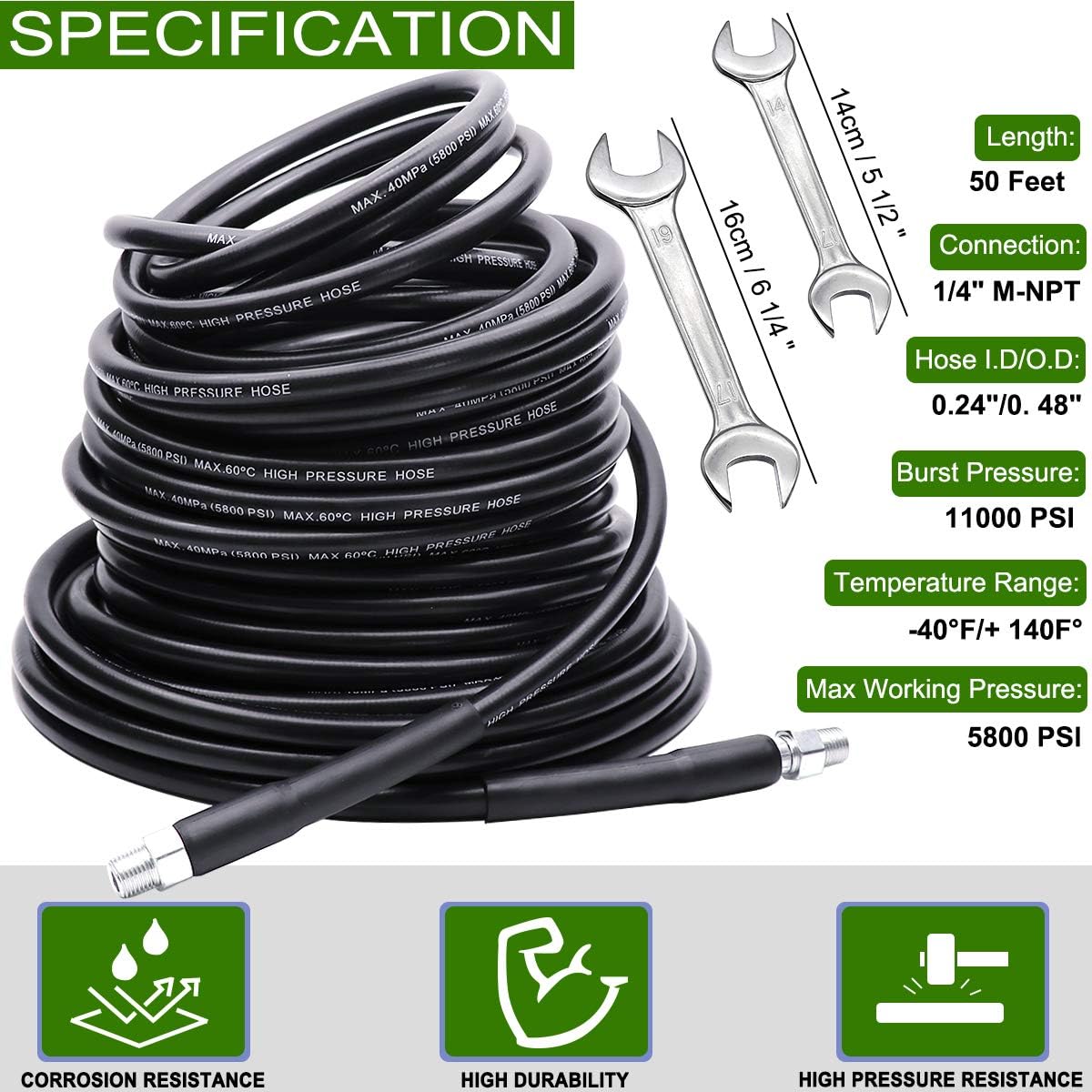 Sewer Jetter Kit 50FT, 5800PSI Drain Cleaner Hose 1/4 Inch NPT, Sewer Jetting Nozzle with Spanner Waterproof Tape O330