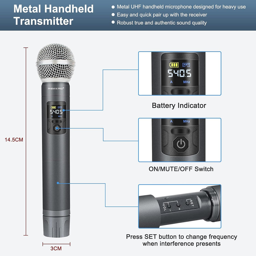 UHF Wireless Microphone System, 30 Adjustable Frequencies, Cordless Handheld/Bodypack/Headset/Lapel Mic Set with Case, 200ft Coverage M5728