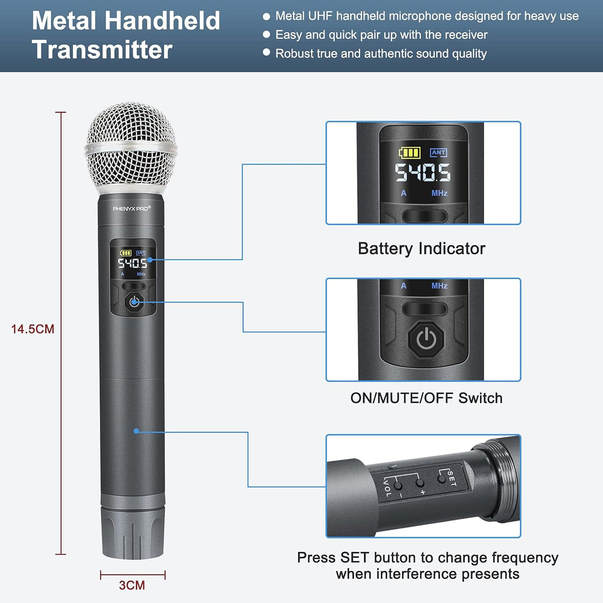 UHF Wireless Microphone System, 30 Adjustable Frequencies, Cordless Handheld/Bodypack/Headset/Lapel Mic Set with Case, 200ft Coverage M5728