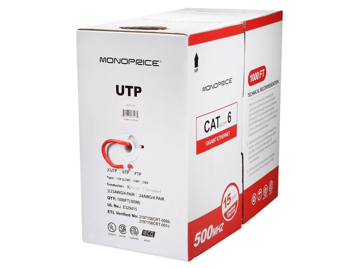 Red 1000ft 23AWG Cat6 UTP Solid Bulk Ethernet Cable T7242