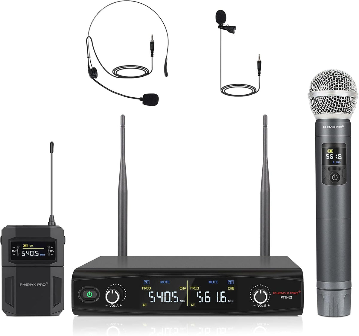 UHF Wireless Microphone System, 30 Adjustable Frequencies, Cordless Handheld/Bodypack/Headset/Lapel Mic Set with Case, 200ft Coverage M5728