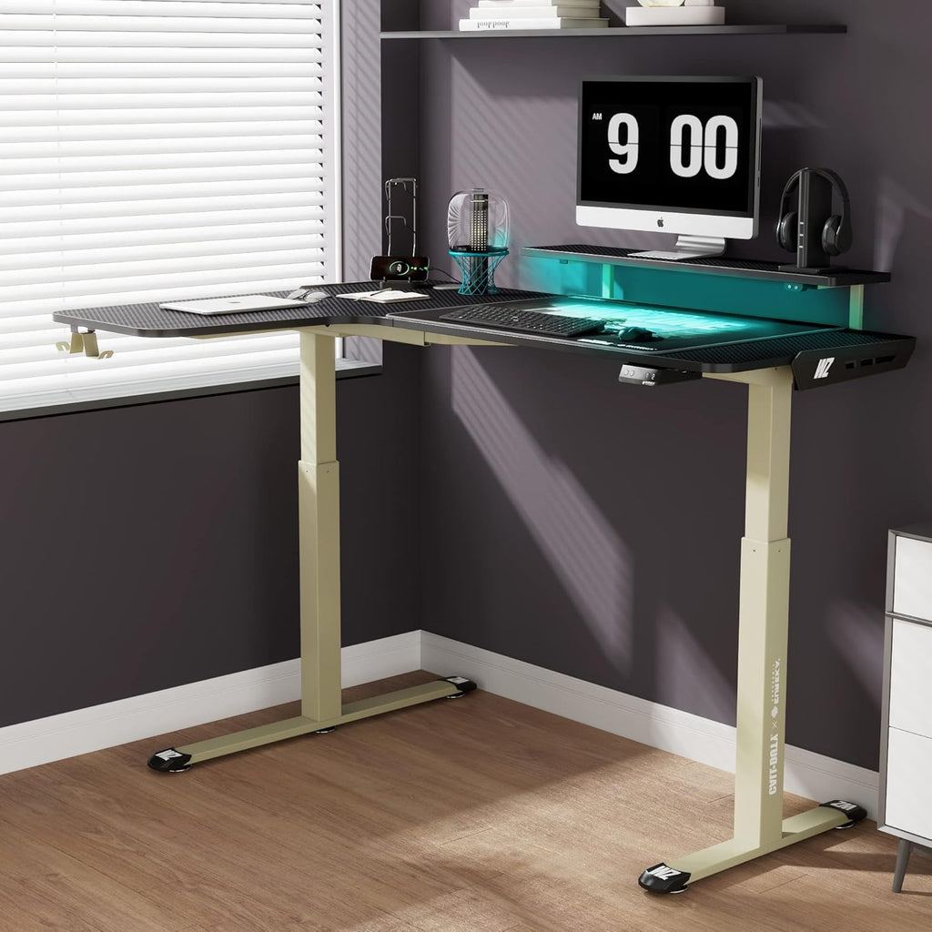 61 inches Height Adjustable Electric L-Shaped Standing Desk with USB Charged Monitor Stand Headphone Hook Mouse Pad Y3992