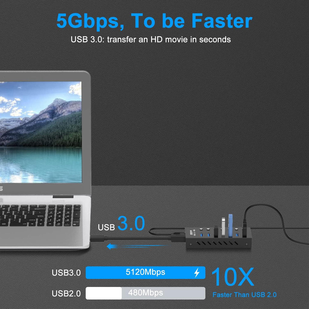 Aluminum USB 3.0 Data Hub Splitter 7 Ports with Power Adapter, Pack of 2 I864